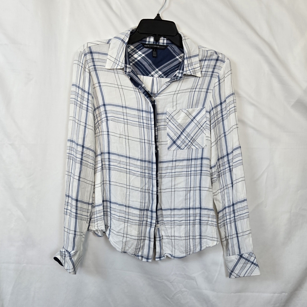 White House Black Market Blue White Plaid Long Sleeve‎ Button Casual Shirt Sz 4